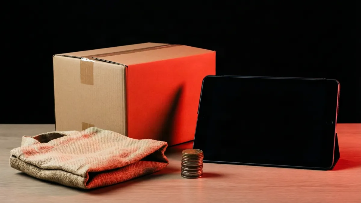 Kartonpaket, gefalteter Stoffbeutel, Münzstapel und Tablet auf Holzplatte vor schwarzem Hintergrund, warmes Licht.