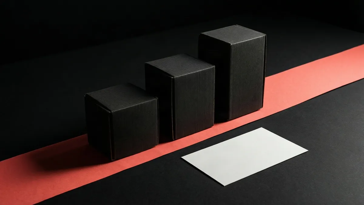 Three plain black boxes of rising height standing on a coral paper strip against a near-black surface, with a blank white card lying in front