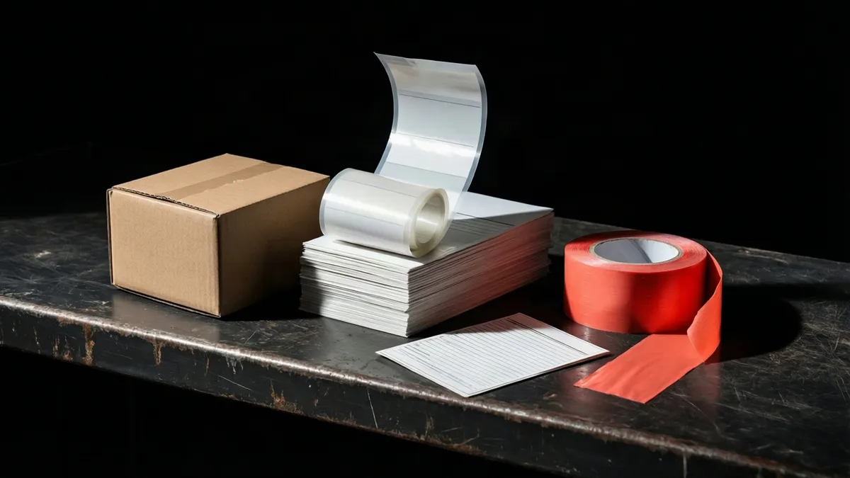 Blank cardboard parcel box with a stack of blank shipping labels, one half-peeled label curling upward, a folded customs card and a roll of packing tape on a dark packing bench.