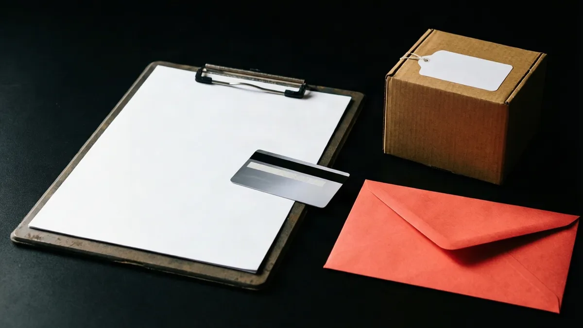 A clipboard with blank paper and a card sits beside a tagged cardboard box and a red envelope on a dark surface.